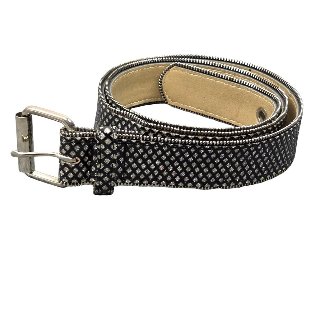 Rhinestone Studded Belt Womens XL Zipper Trim Sparkly Festival Belt Edgy Y2K